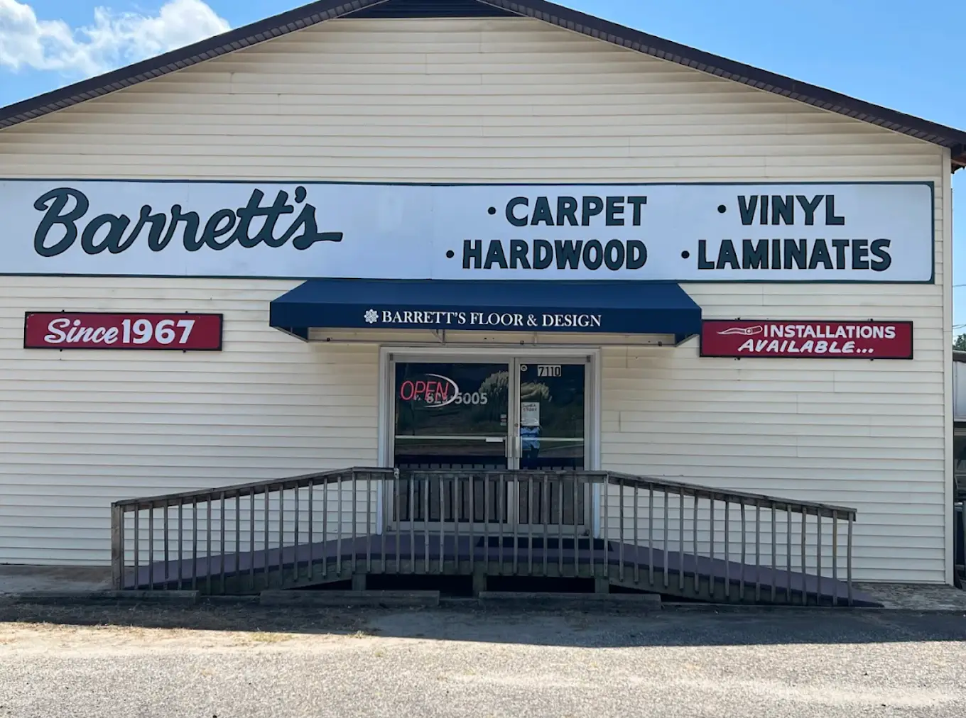 Barrett's Floor & Design showroom storefront at 7110 Wilkinson Blvd in Belmont, NC