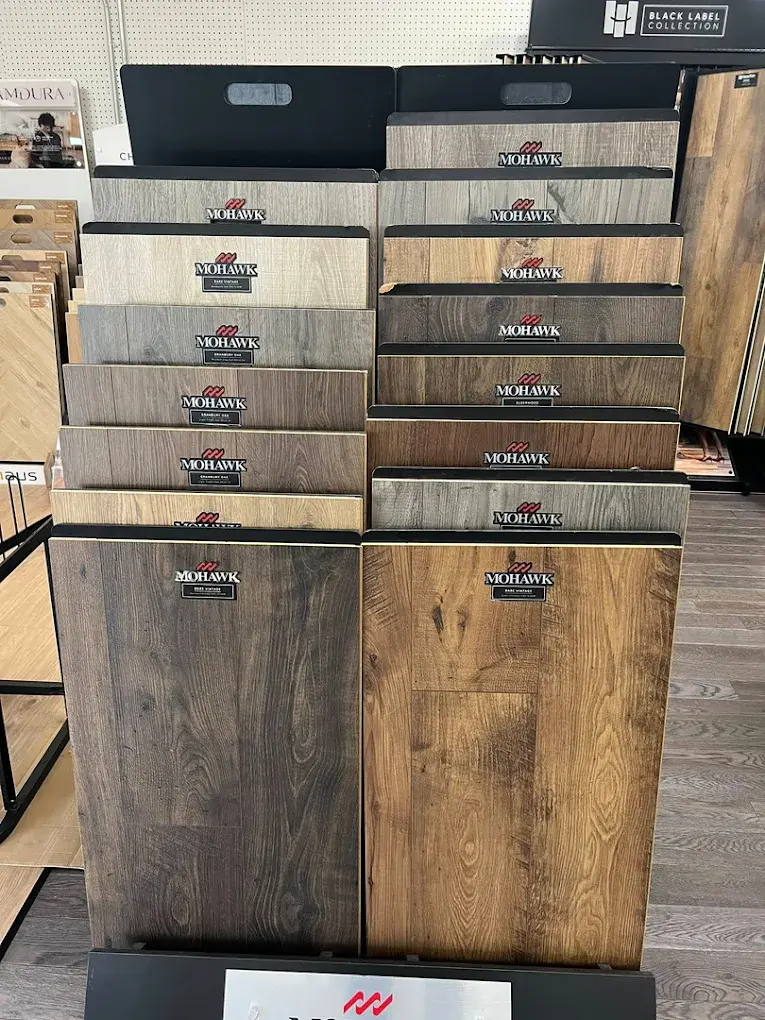 Hardwood flooring samples on display in the Belmont showroom